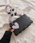 Heart Handbag Black (Lilac Strap, High Quality)